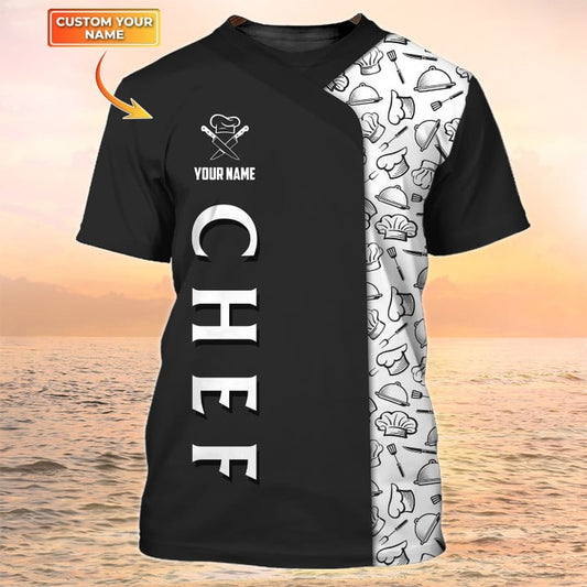 Unijames Chef Custom Name Black White Chef Pattern 3D Shirt