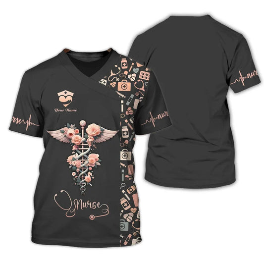 UniJames Personalized Nurse Shirt - Floral Caduceus with Angelic Wings Design