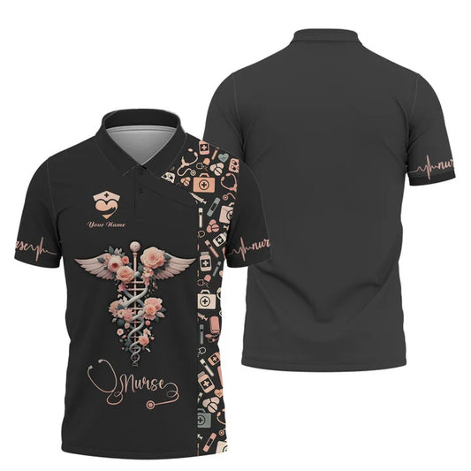 UniJames Personalized Nurse Shirt - Floral Caduceus with Angelic Wings Design
