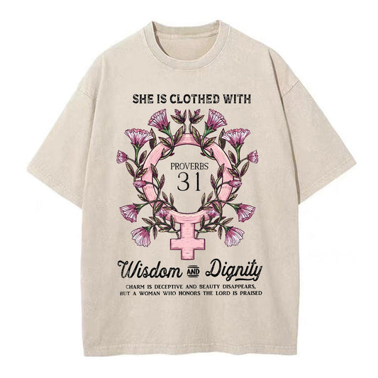 She Is Clothed With Wisdom And Dignity Christian Washed T-Shirt Sale - GuidingCross