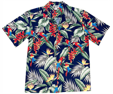Uni Jungle Macaws Navy Hawaiian Shirt Aloha Shirt Short Sleeve Shirt Vacation Hawaiian Outdoor Vacation Hawaiian Shirt
