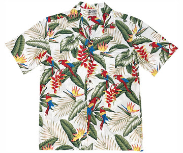 Uni Jungle Macaws White   Aloha Shirt Short Sleeve Shirt Vacation Hawaiian Outdoor Vacation