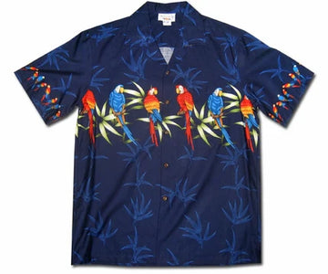 Uni Macaw Madness Navy   Aloha Shirt Short Sleeve Shirt Vacation Hawaiian Outdoor Vacation