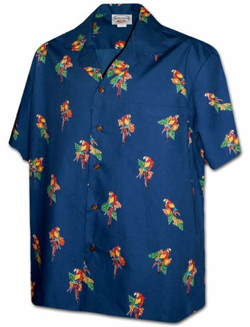 Uni Mini Tropical Parrot Navy Aloha Shirt Short Sleeve Shirt Vacation Hawaiian Outdoor Vacation
