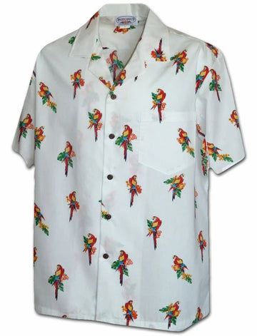 Uni Mini Tropical Parrot White Aloha Shirt Short Sleeve Shirt Vacation Hawaiian Outdoor Vacation