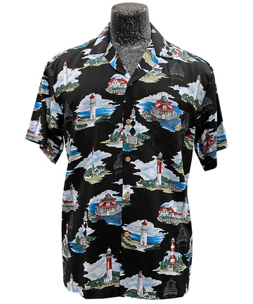 Uni Ocean Lighthouse Black Hawaiian Shirt Aloha Shirt Short Sleeve Shirt Vacation Hawaiian Outdoor Vacation Hawaiian Shirt