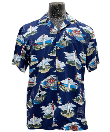 Uni Ocean Lighthouse Navy Hawaiian Shirt Aloha Shirt Short Sleeve Pocket Shirt Vacation Hawaiian Outdoor Vacation Hawaiian Shirt
