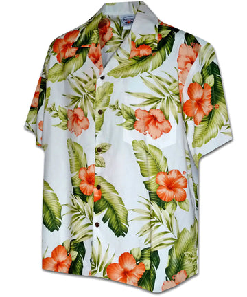 Uni Orange Hibiscus White   Aloha Shirt Short Sleeve Shirt Vacation Hawaiian Outdoor Vacation