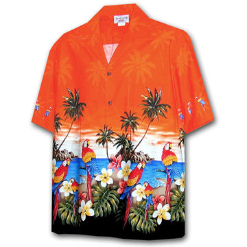 Uni Parrot Island Orange Hawaiian Shirt Aloha Shirt Short Sleeve Shirt Vacation Hawaiian Outdoor Vacation Hawaiian Shirt