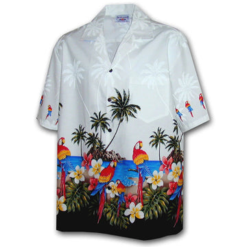 Uni Parrot Island White   Aloha Shirt Short Sleeve Shirt Vacation Hawaiian Outdoor Vacation