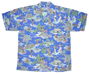 Uni Retro Hula Party Blue Hawaiian Shirt Aloha Shirt Short Sleeve Shirt Vacation Hawaiian Outdoor Vacation Hawaiian Shirt