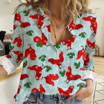 Unique Christmas Rooster With Holly Berry On Snowflake Background Casual Shirt