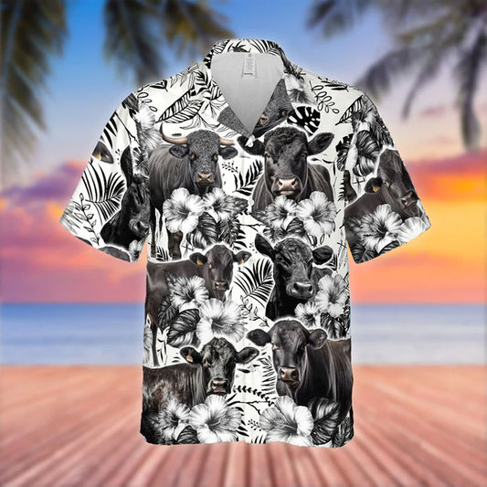 Uni Black Angus Black White Flowers Pattern 3D Hawaiian Shirt