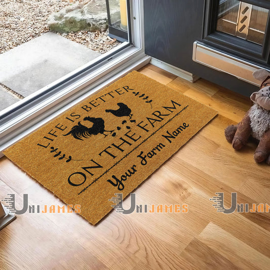 Uni Chicken Life Is Better On The Farm Custom Name Coir Doormat