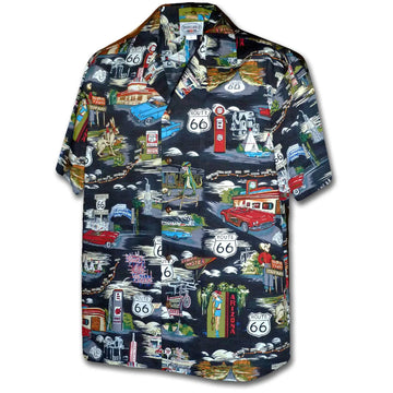 Uni Route 66 Americana Black Hawaiian Shirt Aloha Shirt Short Sleeve Shirt Vacation Hawaiian Outdoor Vacation Hawaiian Shirt
