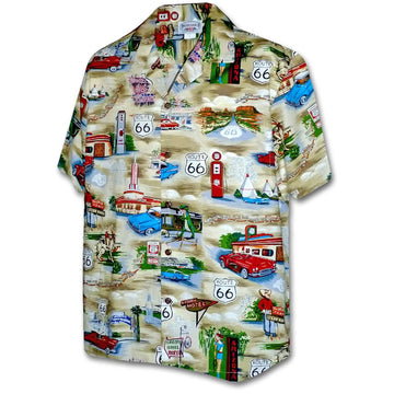 Uni Route 66 Americana Khaki Hawaiian Shirt Aloha Shirt Short Sleeve Shirt Vacation Hawaiian Outdoor Vacation Hawaiian Shirt