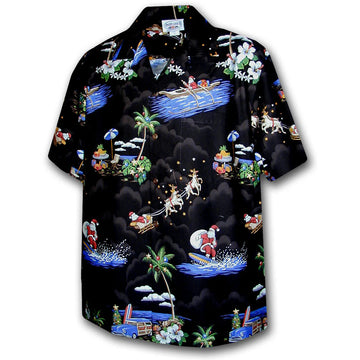 Uni Santa Arrives in Hawaii Black   Aloha Shirt Short Sleeve Shirt Vacation Hawaiian Outdoor Vacation