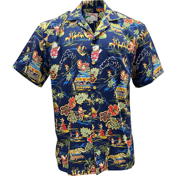 Uni Santa's Surf Shack Navy   Aloha Shirt Short Sleeve Shirt Vacation Hawaiian Outdoor Vacation