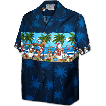 Uni Snowman Beach Navy   Aloha Shirt Short Sleeve Shirt Vacation Hawaiian Outdoor Vacation