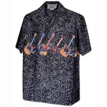 Uni Guitar Rock Black Hawaiian Shirt Aloha Shirt Short Sleeve Shirt Vacation Hawaiian Outdoor Vacation Hawaiian Shirt