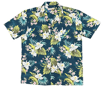 Uni Cattleya Dream Navy   Aloha Shirt Short Sleeve Shirt Vacation Hawaiian Outdoor Vacation