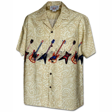 Uni Guitar Rock Khaki Hawaiian Shirt Aloha Shirt Short Sleeve Shirt Vacation Hawaiian Outdoor Vacation Hawaiian Shirt