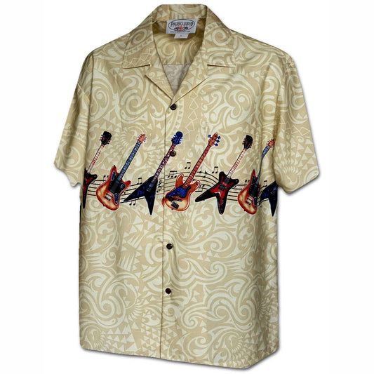 Uni Guitar Rock Khaki Hawaiian Shirt Aloha Shirt Short Sleeve Shirt Vacation Hawaiian Outdoor Vacation Hawaiian Shirt