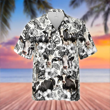 Uni Holstein Black White Flowers Pattern 3D Hawaiian Shirt