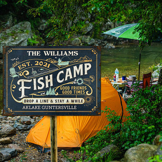 Personalized Fish Camp Drop A Line Customized Classic Metal Signs