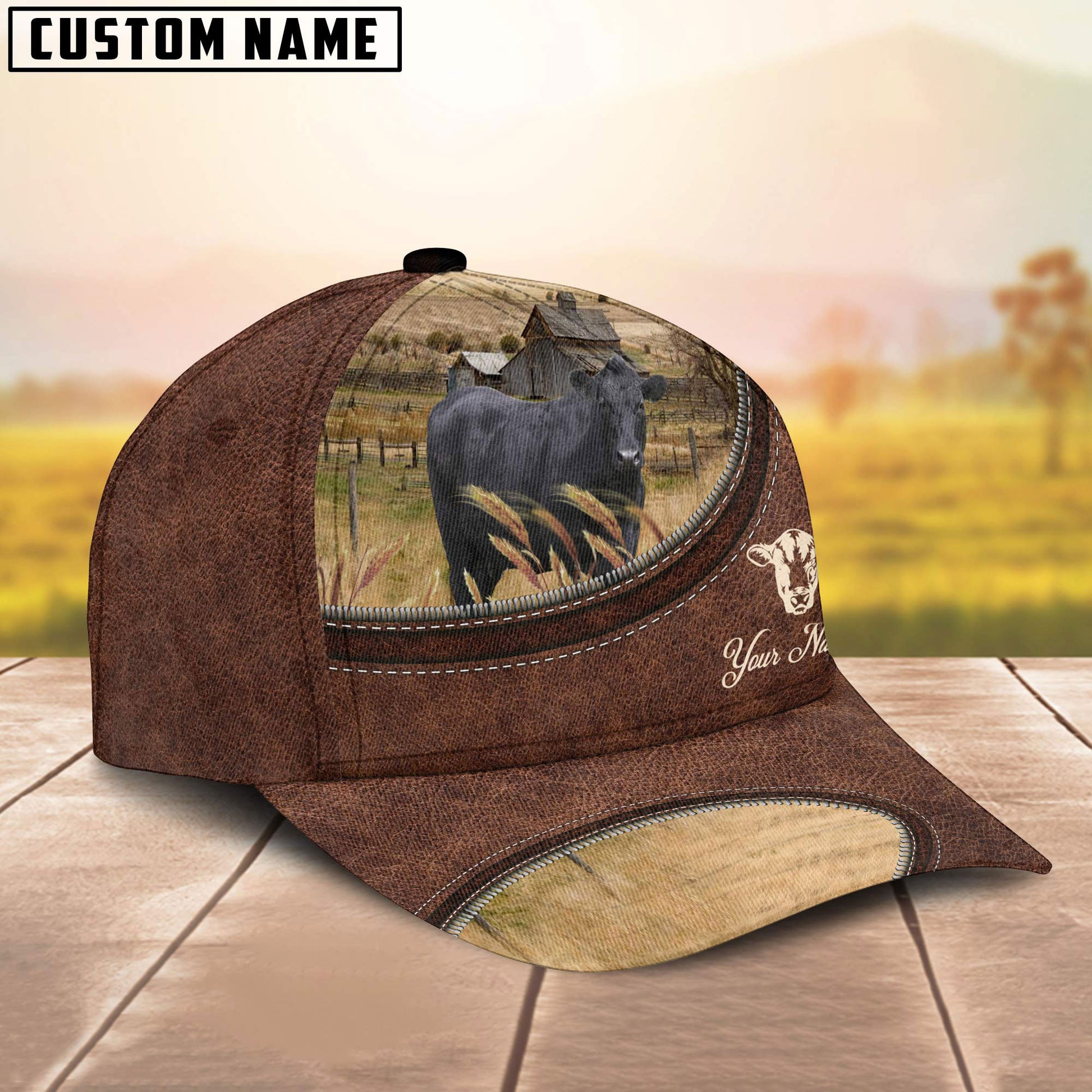 Uni Black Angus On The Farm Customized Name Leather Pattern Cap – UniJames