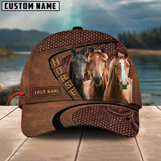 Uni Three Horses Carving Leather Pattern Personalized Name Cap