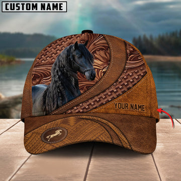Uni Friesian Horse Carving Leather Pattern Custom Name Cap