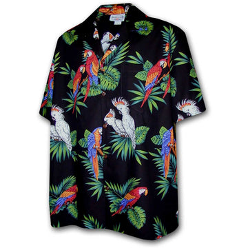Uni Parrot Paradise Black Hawaiian Shirt Aloha Shirt Short Sleeve Shirt Vacation Hawaiian Outdoor Vacation Hawaiian Shirt