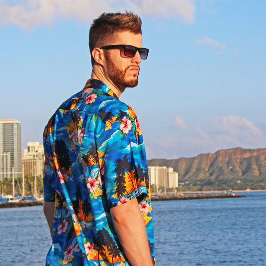 Uni Diamond Head Sunset Blue Hawaiian Shirt Aloha Shirt Short Sleeve Shirt Vacation Hawaiian Outdoor Vacation Hawaiian Shirt