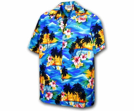 Uni Diamond Head Sunset Blue Boy's   Aloha Shirt Short Sleeve Shirt Vacation Hawaiian Outdoor Vacation