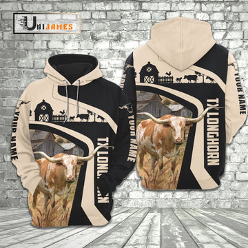 Uni Texas Longhorn Black White Custom Name 3D Hoodie