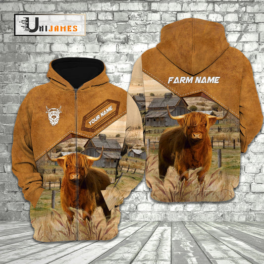 Uni Highland Cattle Personalized Name Farming Life 3D Hoodie