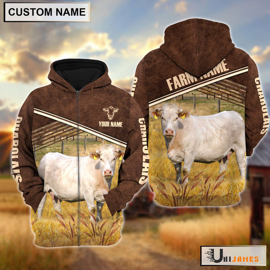 Uni Charolais On Farm Leather Pattern Personalized Hoodie