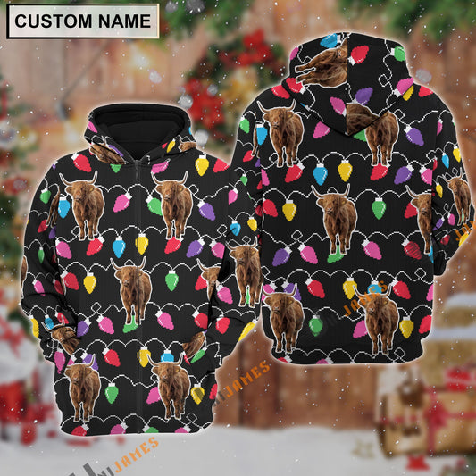 Uni Highland Christmas Led Light Personalized Name 3D Hoodie