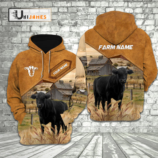 Uni Black Angus Cattle Personalized Name Farming Life 3D Hoodie