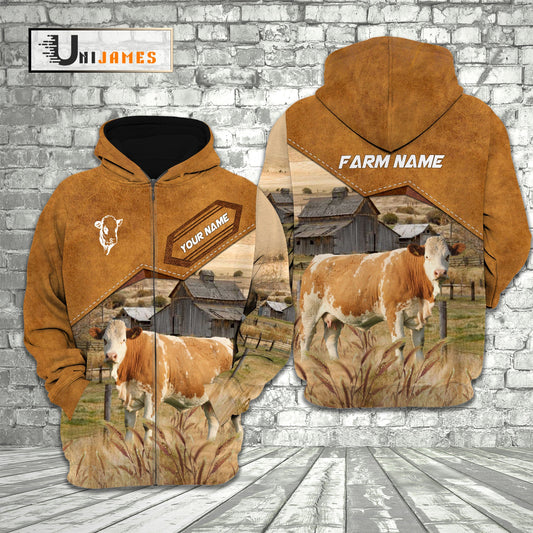 Uni Simmental Cattle Personalized Name Farming Life 3D Hoodie