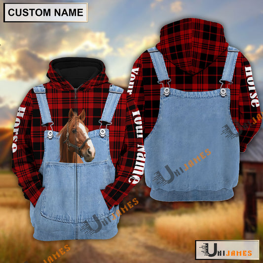 Uni Horse Red Jeans Pattern Personalized Name 3D Hoodie
