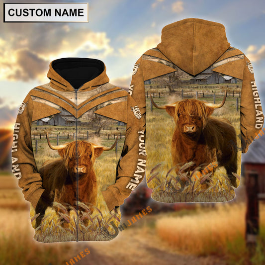 Uni Personalized Name Highland Brown Pattern 3D Hoodie