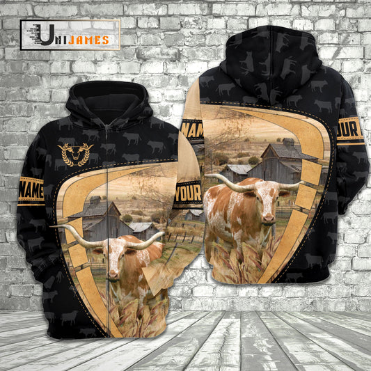 Uni Texas Longhorn Yellow Black Customized Name 3D Hoodie