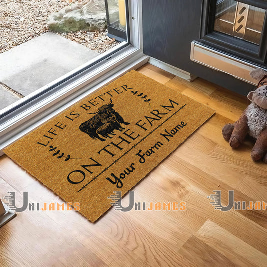 Uni Highland Life Is Better On The Farm Custom Name Coir Doormat