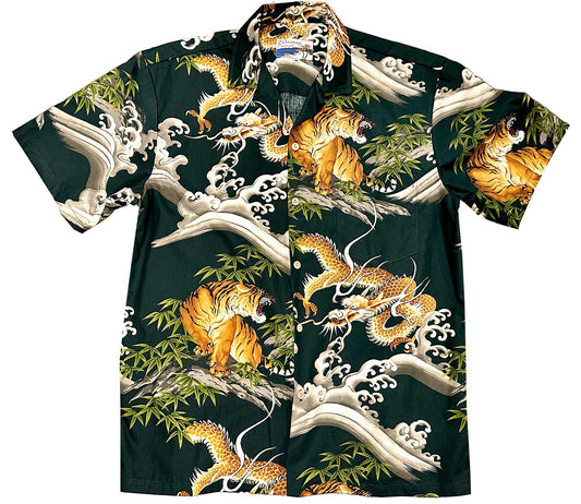 Uni Dragons & Tigers Black Hawaiian Shirt Aloha Shirt Short Sleeve Shirt Vacation Hawaiian Outdoor Vacation Hawaiian Shirtn Shirt