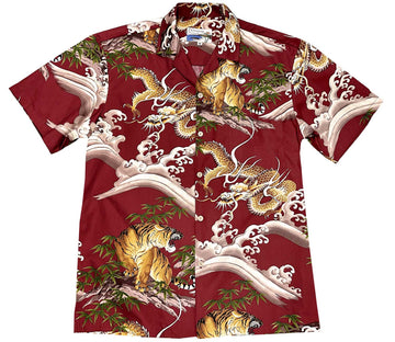 Uni Dragons & Tigers Red Hawaiian Shirt Aloha Shirt Short Sleeve Shirt Vacation Hawaiian Outdoor Vacation Hawaiian Shirt
