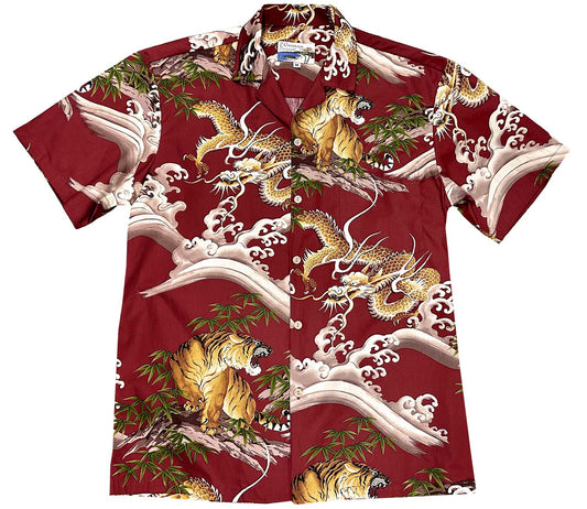 Uni Dragons & Tigers Red Hawaiian Shirt Aloha Shirt Short Sleeve Shirt Vacation Hawaiian Outdoor Vacation Hawaiian Shirt