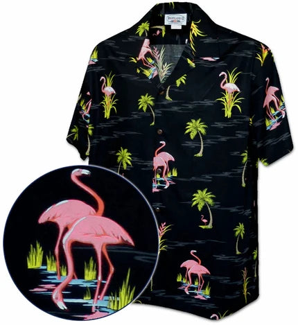 Uni Ferocious Flamingo Black Hawaiian Shirt Aloha Shirt Short Sleeve Shirt Vacation Hawaiian Outdoor Vacation Hawaiian Shirt