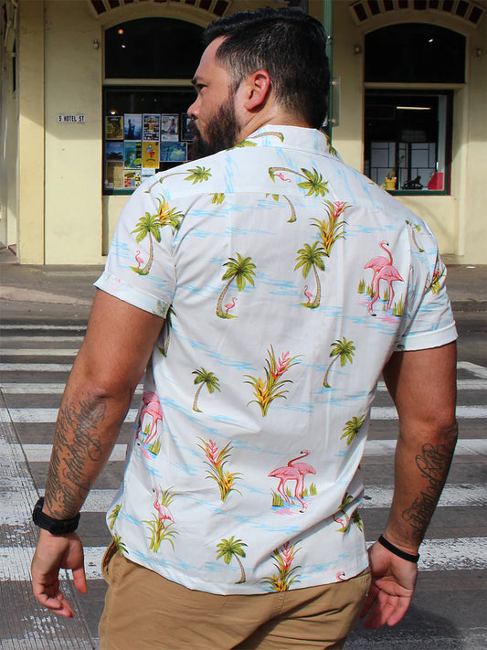 Uni Ferocious Flamingo White Hawaiian Shirt Aloha Shirt Short Sleeve Shirt Vacation Hawaiian Outdoor Vacation Hawaiian Shirt